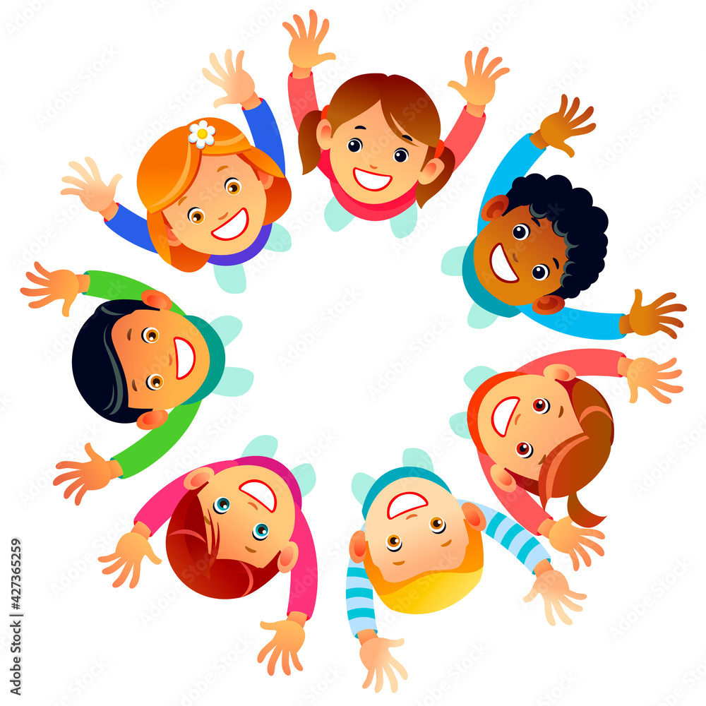 Multicultural Kids in a circle in the flowers with happy faces shoot from above lifting hands above. Happy Friendship Day greeting card illustration. Cartoon vector illustration isolated background Multicultural Kids in a circle in the flowers with happy faces shoot from above lifting hands above. Happy Friendship Day greeting card illustration. Cartoon vector illustration isolated background