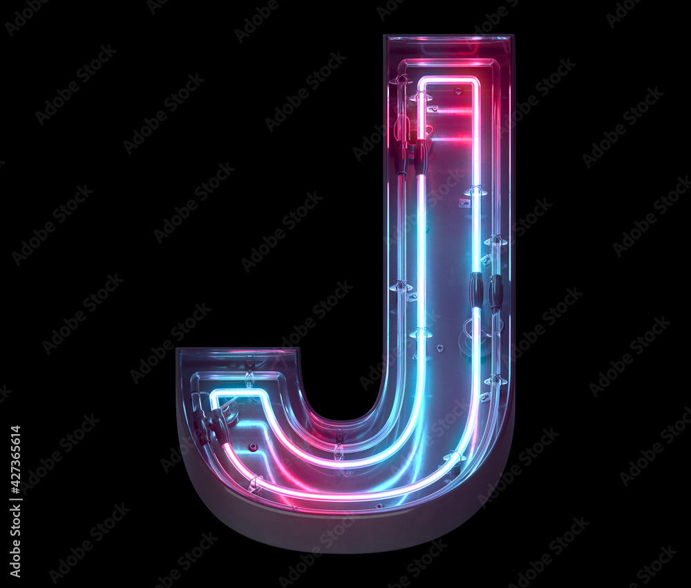 Metal neon mirror font. Ultraviolet light. Letter J. Metal neon mirror font. Ultraviolet light. Letter J.