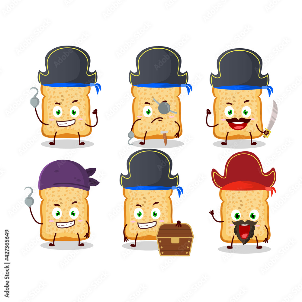 Cartoon character of bread toast with various pirates emoticons Cartoon character of bread toast with various pirates emoticons