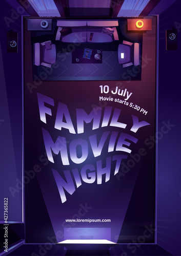Family movie night poster. Television cinema show, night event on tv. Vector flyer with cartoon illustration of top view of empty dark living room with sofa, chairs, coffee table and glowing screen