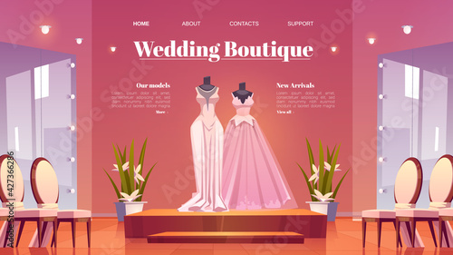 Wedding boutique cartoon landing page, bridal shop interior with dresses on mannequins and large mirrors with lighting. bride gowns selling showroom with fashioned women dressing, vector web banner