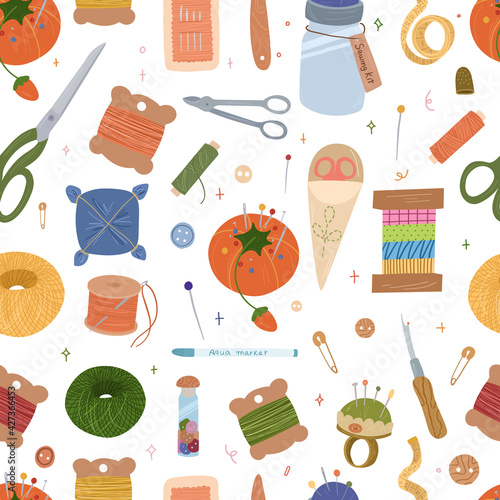 Sewing Kit seamless pattern. Various sewing tools.