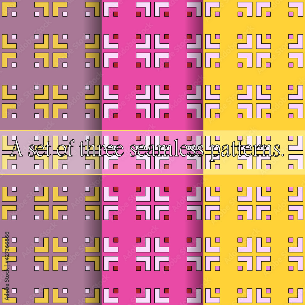 A set of three simple seamless geometric patterns. Bright prints from curly elements of a square shape. A set of three simple seamless geometric patterns. Bright prints from curly elements of a square shape.