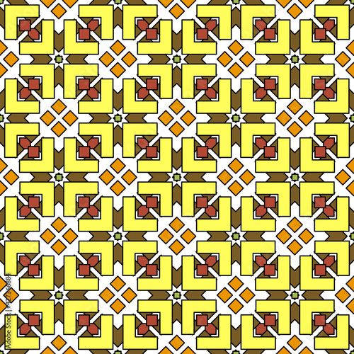 Complex seamless geometric pattern, multi-layered intersection of figured elements of rhombuses and chevrons, yellow, brown and orange shades.
