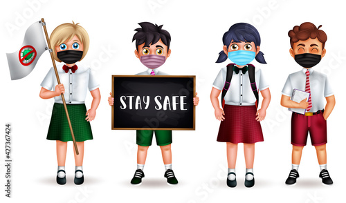 School characters vector set. Back to school 3d character wearing facemask, holding stay safe chalkboard and stop covid-19 coronavirus flag for new normal student collection design. Vector