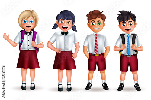 School character vector set. Back to school student 3d characters in friendly pose and gestures wearing uniform isolated in white background for educational design. Vector illustration 
