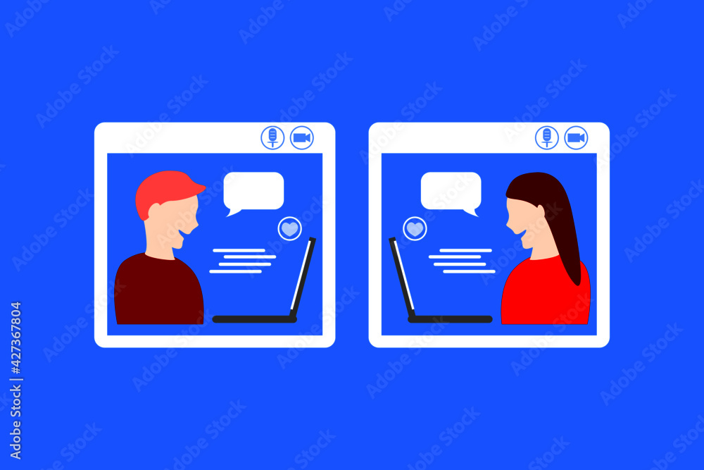 Men and women communicate with video calling through computers flat vector. Men and women communicate with video calling through computers flat vector.
