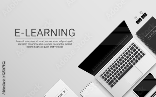 E-learning online school vector banner design. E-learning text in white background with laptop and phone elements for online home school learning background. Vector illustration
