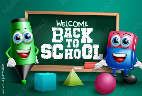 Back to school vector banner design. Welcome back to school text in chalkboard element with educational 3d characters like eraser and marker for class study background. Vector illustration
