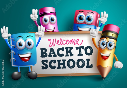 Back to school character vector banner design. Welcome back to school text with educational 3d characters like pencil and notebook for teach and learn activity background. Vector illustration

