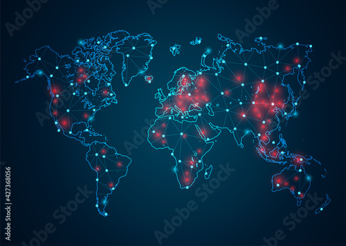 Abstract Coronavirus or COVID-19 and point scales on white background with Global. Wire frame 3D mesh polygonal network line, design sphere, dot and structure. Vector illustration eps 10.