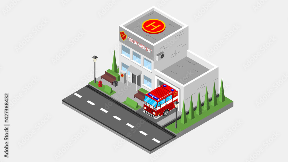 A modern fire station building in an isometric projection. There's a fire truck in the garage. Vector illustration. A modern fire station building in an isometric projection. There's a fire truck in the garage. Vector illustration.