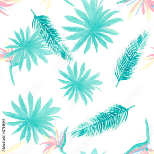 Cobalt Pattern Background. White Seamless Background. Blue Tropical Nature. Navy Flower Palm. Indigo Floral Vintage. Wallpaper Palm. Decoration Palm.