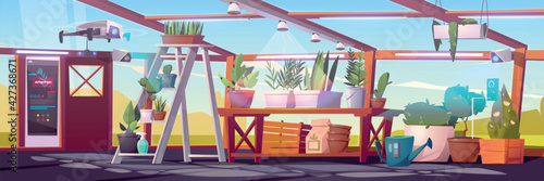 Smart greenhouse, futuristic technologies in farming. Digital devices for automatically controlled plants growing or watering, robotic agricultural automation, hydroponics, Cartoon vector illustration