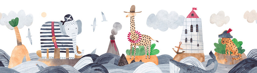 Rollo Babyzimmer Tierinseln im Meer Aquarell Kinder  © bukhavets