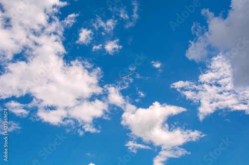 Beautiful white clouds in the blue sky. Copy space