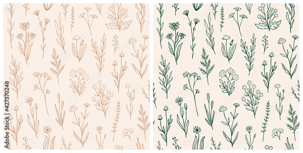 Wildflower seamless pattern set with outline florals. Retro style print design collection with hand drawn flowers in rustic colors. Simple field floral patterns for packaging, fabric design - obrazy, fototapety, plakaty 