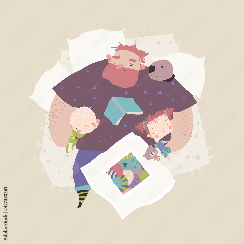 Tired Father sleeping with his Cshildren on Bed