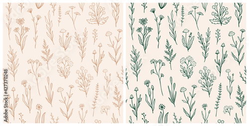 Wildflower seamless pattern set with outline florals. Retro style print design collection with hand drawn flowers in rustic colors. Simple field floral patterns for packaging, fabric design