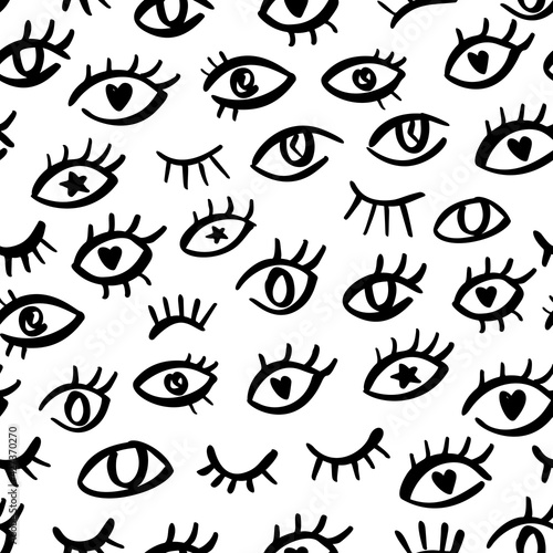 Eye seamless pattern with abstract doodle look. Simple style print design with hand drawn evil eyes. Hipster graphic pattern for packaging, fabric design.