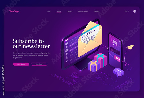 Subscribe to our newsletter banner. Email news subscription, electronic messages with gift and sale. Vector landing page with isometric letter envelope on computer screen and smartphone