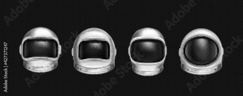 Astronaut helmets, cosmonaut mask with clear glass for space exploration and flight in cosmos. Vector realistic set of white suit part for protection spaceman head isolated on transparent background