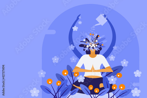 Conceptual illustration of a woman watering the plants growing on her own head while meditating. Concept for mindful meditation