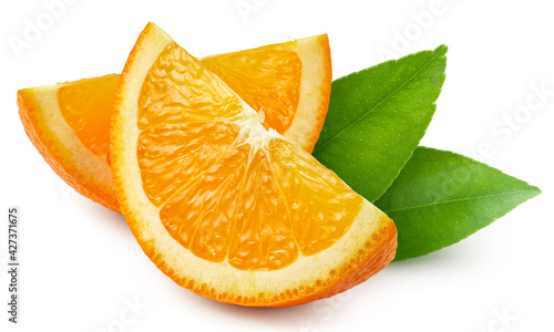 Orange slice with leaves isolated on white background