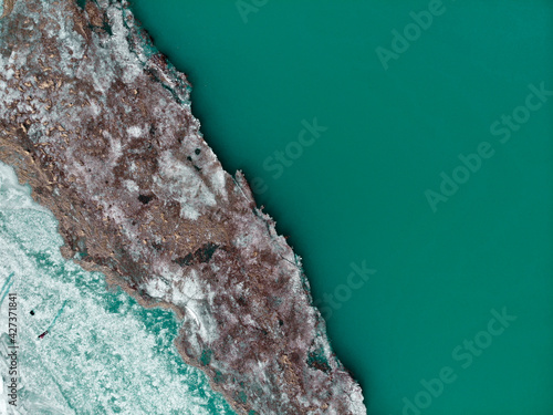 view over the frozen lake made by dji camera