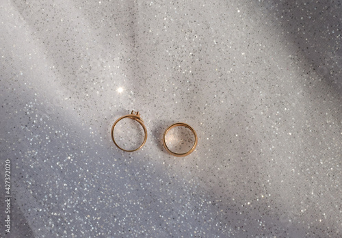 Wedding rings on white wedding dress with sequins