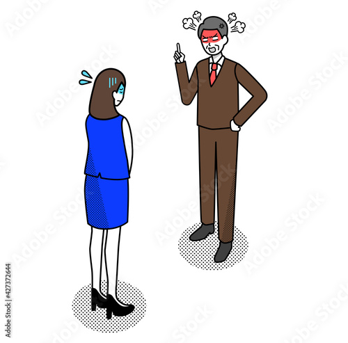 上司に叱られる女性会社員のアイソメトリックイラスト