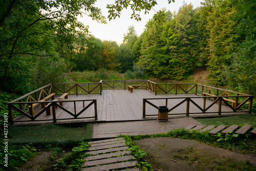 Valokuva A small observation deck made of wood in the middle of the forest with a pond on