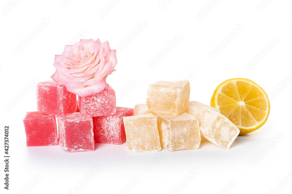 Fototapeta premium Different Turkish delight on white background