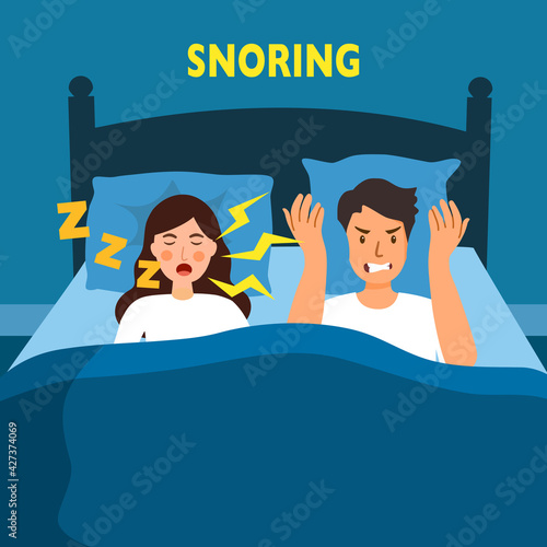 Snoring wife annoying husband with loud noise in bedroom vector illustration. Snore health problem.