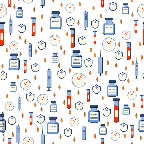 Seamless pattern for textiles and packaging. Vaccinations and new travel. Vector