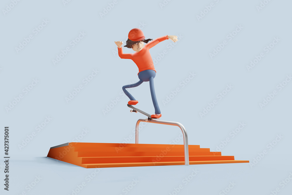 Young man jumping to rail grind with his skateboard. 3D rendering.