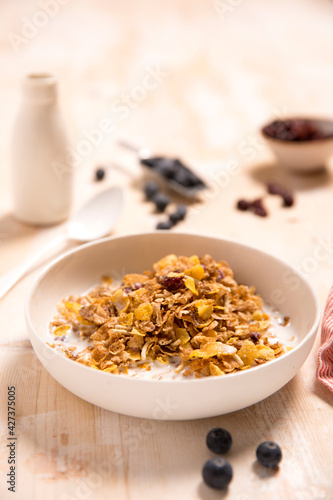 Breakfast cereal with milk in white bowl