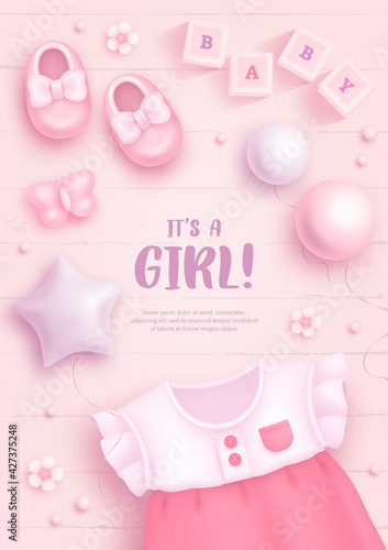 Baby shower invitation with cartoon shoes, dress, toys and helium balloons on pink background. It's a girl. Vector illustration