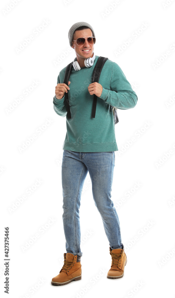Man with backpack walking on white background. Autumn travel Man with backpack walking on white background. Autumn travel