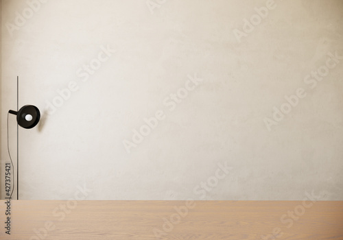Fototapeta Naklejka Na Ścianę i Meble -  modern scandinavian room interior with cream wall and wooden table, studio design 3d rendering