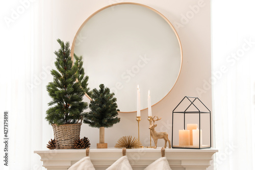 Different Christmas decorations in room. Interior design