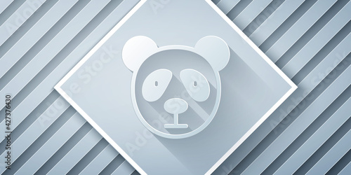 Paper cut Cute panda face icon isolated on grey background. Animal symbol. Paper art style. Vector