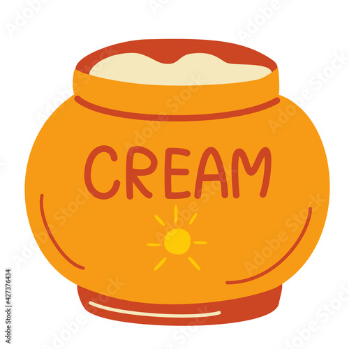 Jar with sunscreen. Cream in an open jar. Cosmetics. Face and body care products. Spf cream jar icon. Vector object in cartoon style.