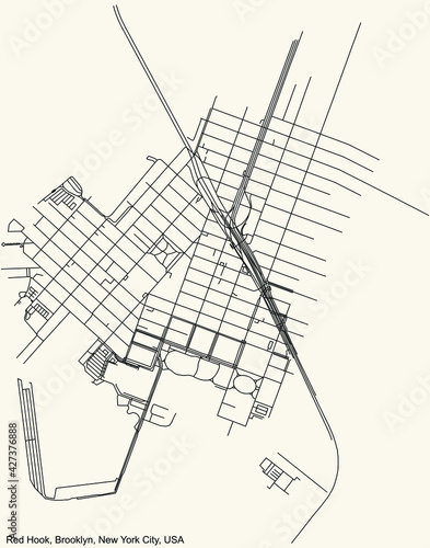Black simple detailed street roads map on vintage beige background of the quarter Red Hook neighborhood of the Brooklyn borough of New York City, USA