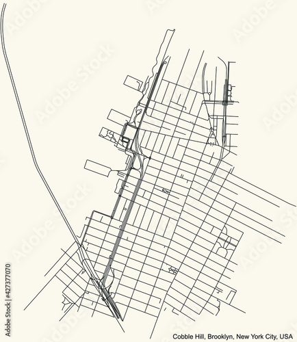 Black simple detailed street roads map on vintage beige background of the quarter Cobble Hill neighborhood of the Brooklyn borough of New York City, USA
