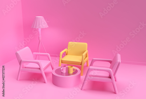 Yellow chair standing out from the crowd. Business concept. 3D rendering Design.