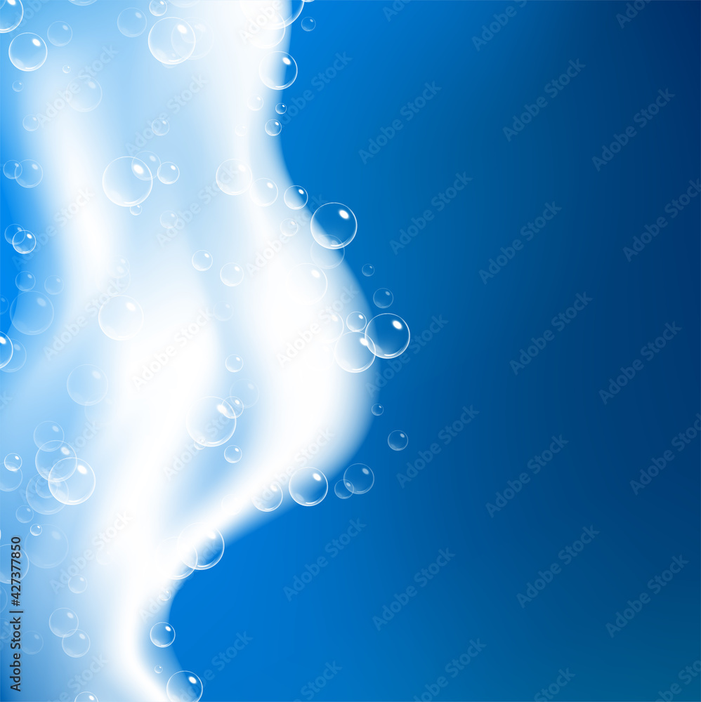 Beautiful blue background with realistic Soap foam with bubbles. Shampoo bubbles texture. Shiny washing hygiene detergent. Empty place for your text. Vector illustration Beautiful blue background with realistic Soap foam with bubbles. Shampoo bubbles texture. Shiny washing hygiene detergent. Empty place for your text. Vector illustration