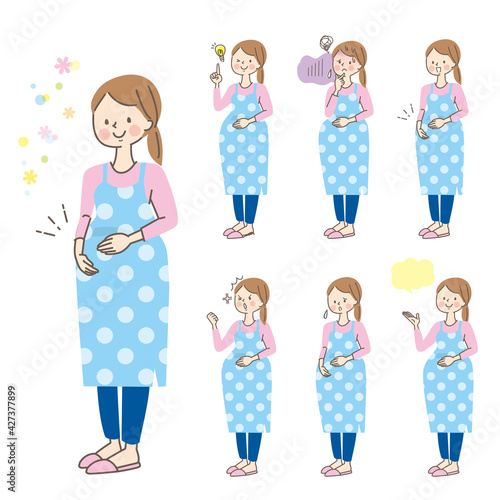 若い妊婦（全身）の表情セット