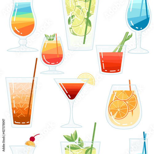Seamless pattern exotic cocktails in transparent glass vector illustration on white background
