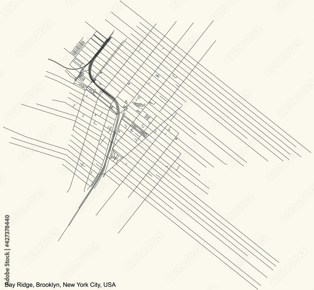Black simple detailed street roads map on vintage beige background of the quarter Bay Ridge neighborhood of the Brooklyn borough of New York City, USA